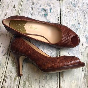 Cole Haan woven cognac leather peep toe heels